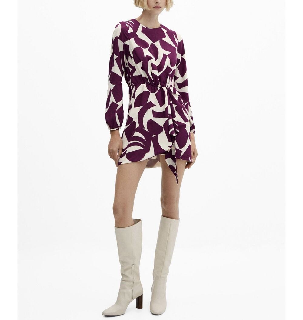 MNG By MANGO Murcia Print Twisted Side Drape Long Sleeve Mini Dress Sz 6